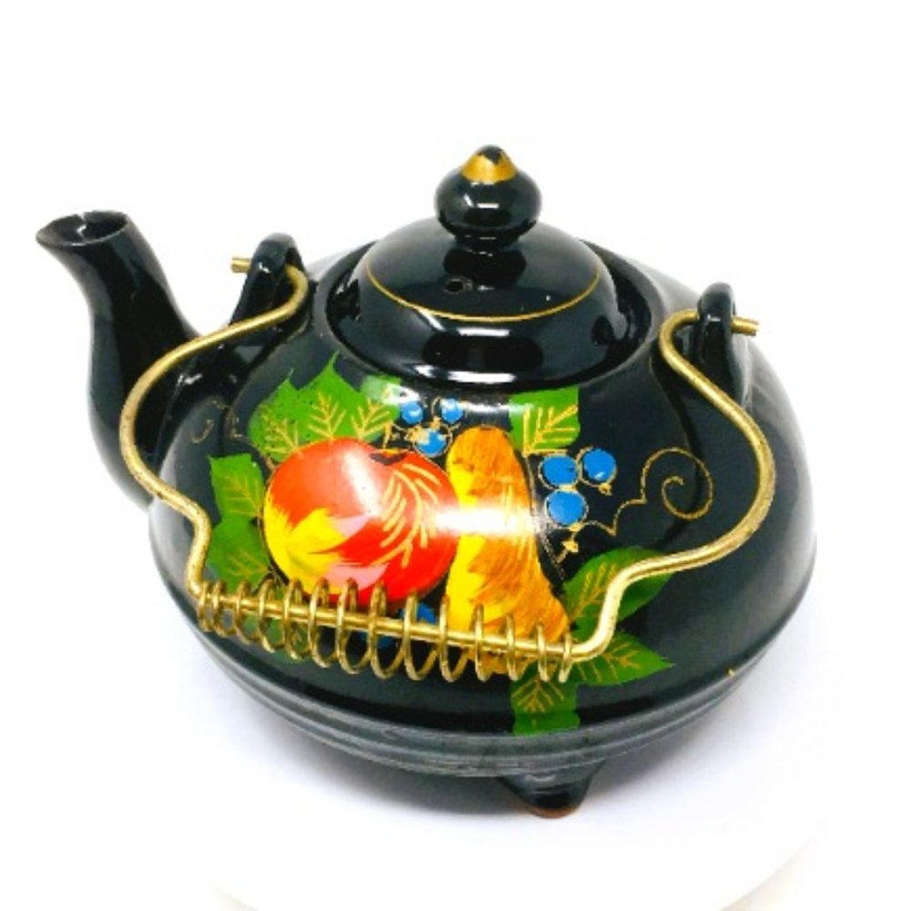 Toleware Folk Art Hand Painted Fruit Black Enamel/Terracotta Vintage Teapot